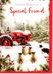 Christmas Card - Special Friend - Red Tractor & Sheep - Glitter - Out of the Blue