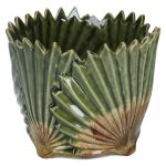 Antiqued Green Ceramic Fan Leaf Plant Pot Cover 13cm - Gisela Graham