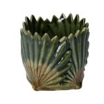 Antiqued Green Ceramic Fan Leaf Plant Pot Cover 9.5cm - Gisela Graham