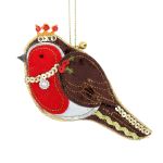 Robin Bird Christmas Velvet Hand Made Embroidered Decoration - Gisela Graham