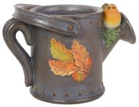 Robin Bird on Watering Can Planter Leaf - Lifelike Garden Ornament - Resin Vivid Arts