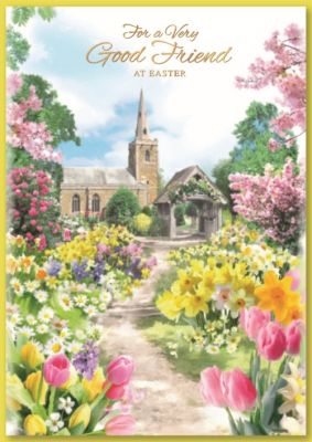 Easter Card - Very Good Friend - Church Daffodil Field - Simon Elvin