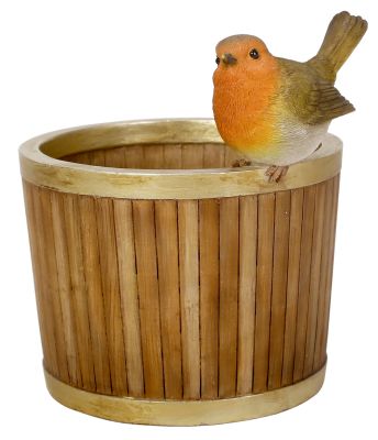 Robin Bird on Cylinder Planter - Lifelike Garden Ornament - Resin Vivid Arts