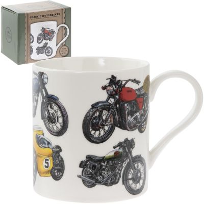 Classic Motorbike Motive White Fine China Mug - Boxed