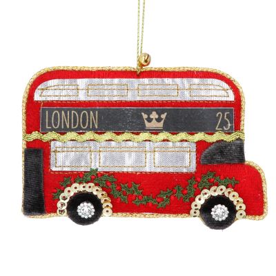 London Red Bus Christmas Velvet Embroidered Decoration - Gisela Graham