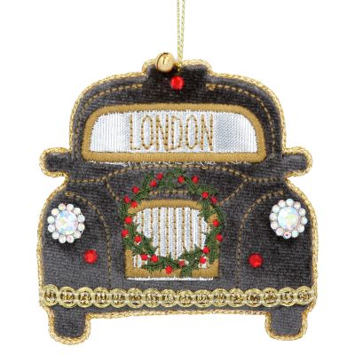 London Black Cab Taxi Christmas Velvet Embroidered Decoration - Gisela Graham