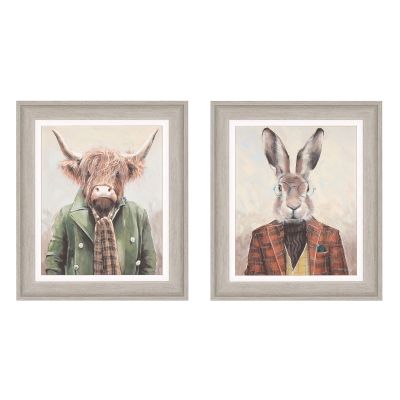 Hartley & Angus - Hare Highland Cow - 35cm Set of 2 Wall Art Framed - Adelene Fletcher