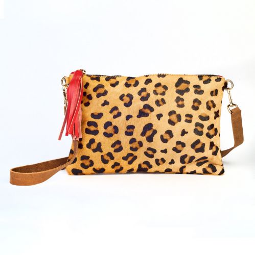 Leopard Print Cow Hide Red Leather Tassel Clutch Handbag My Doris Gift Envy